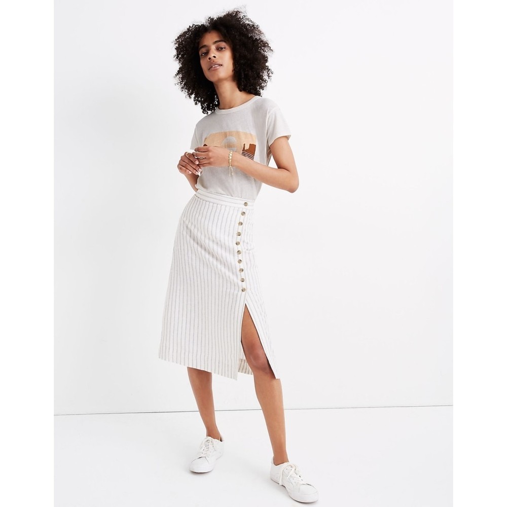 Madewell Cream Stripe Midi Skirt with Side Button Detail